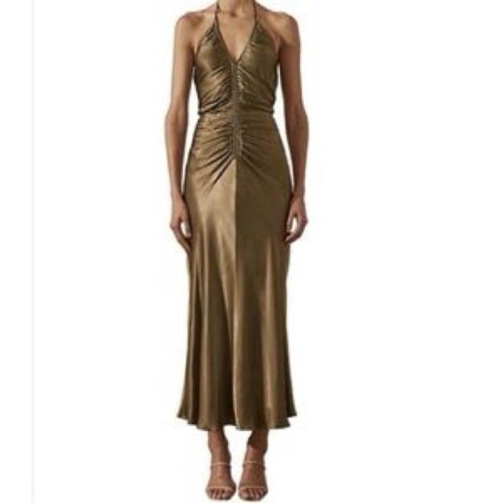 SHONA JOY GALA HALTER RUCHED MIDI DRESS IN WARM OLIVE - US 8